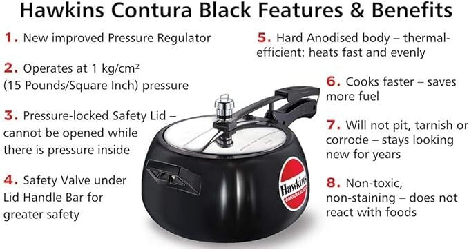 HAWKINS Hawkins Contura Black Pressure Cooker, 5 Litre, Black (Hard Anodized)